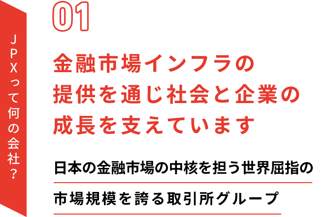 JPXってなんの会社？ 01 金融市場インフラの提供を通じ社会と企業の成長を支えています 日本の金融市場の中核を担う世界屈指の市場規模を誇る取引所グループ
