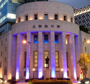 Osaka Exchange illuminated in blue Osaka Exchange illuminated in blue