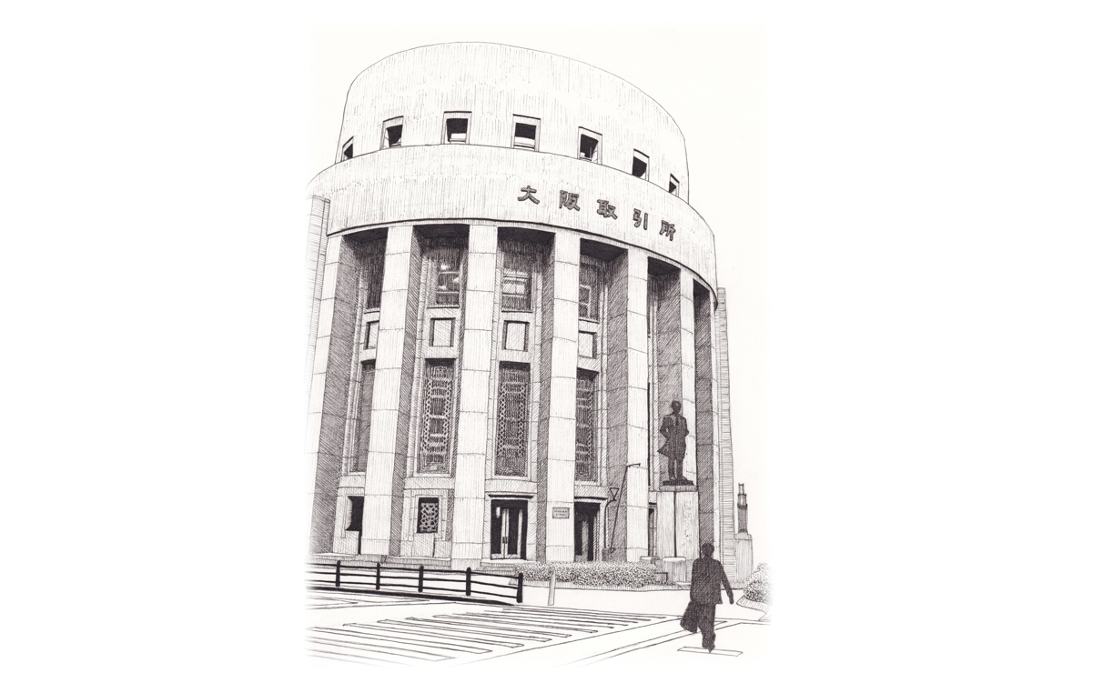 大阪取引所と五代友厚像のスケッチ